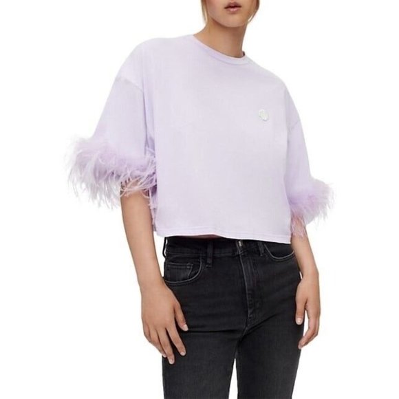 Maje Plume Feather-Trim Tee Purple Sz 2 T-shirt Lilac - Picture 1 of 7